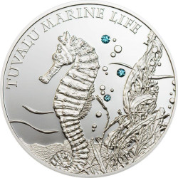 4137 # TUVALU $1 2010 PRATA PROOF Ø39mm C/ Cristais Swarovski Série Vida Marinha: Cavalo Marinho