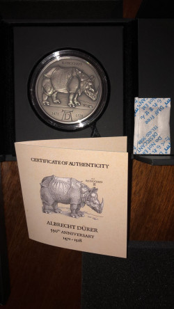 6513 # Camarões 2000 francos  2021 Prata proof 999 Ø50mm  2 oz  Rinoceronte de Albrecht Durer # Rara só 150 exemplares no mundo 