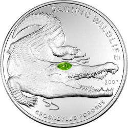 2319 ¤RARA¤ PALAU 5$ 2007 PRATA PROOF Ø39mm Crocodilo com olho de cristal!