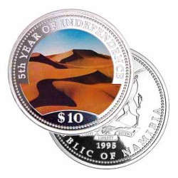 3611 ¤RARA¤ NAMIBIA 10 Dollars 1995 PRATA PROOF Ø39mm COLORIDA Aniversario de independencia