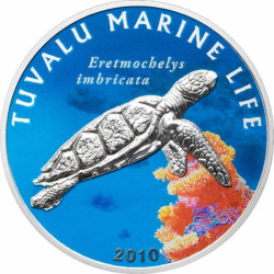 3990 # TUVALU $1 2010 PRATA PROOF COLOR Ø39mm Série vida marinha TARTARUGA