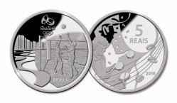 6434# Brasil 5 Reais 2016 Prata Jogos Olímpicos Rio 2016 – Voleibol de Praia em Copacabana / Samba